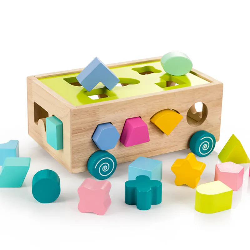Wooden geometric shape sorter on wheels with colourful cubes and 17 holes for toddlers age 3 plus