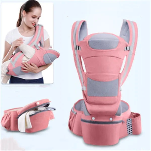 Baby waist stool carrier in blue with breathable mesh, adjustable waistband 71-110cm, cotton fabric