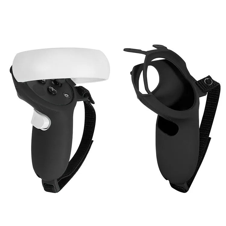 Black silicone VR headset accessories kit with glasses cover, eye mask, and controller grips.