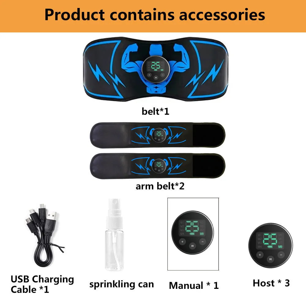 Blue EMS abdominal muscle stimulator belt with wireless remote control and adhesive arm stickers