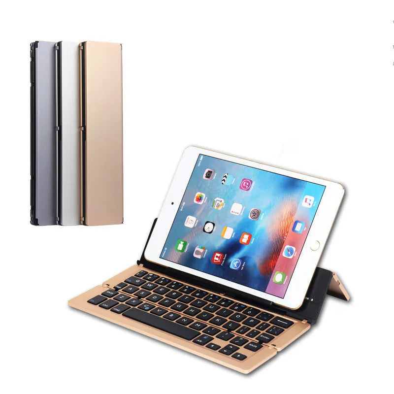 F18 three-fold folding aluminium alloy Bluetooth keyboard in silvery finish, folded to compact size