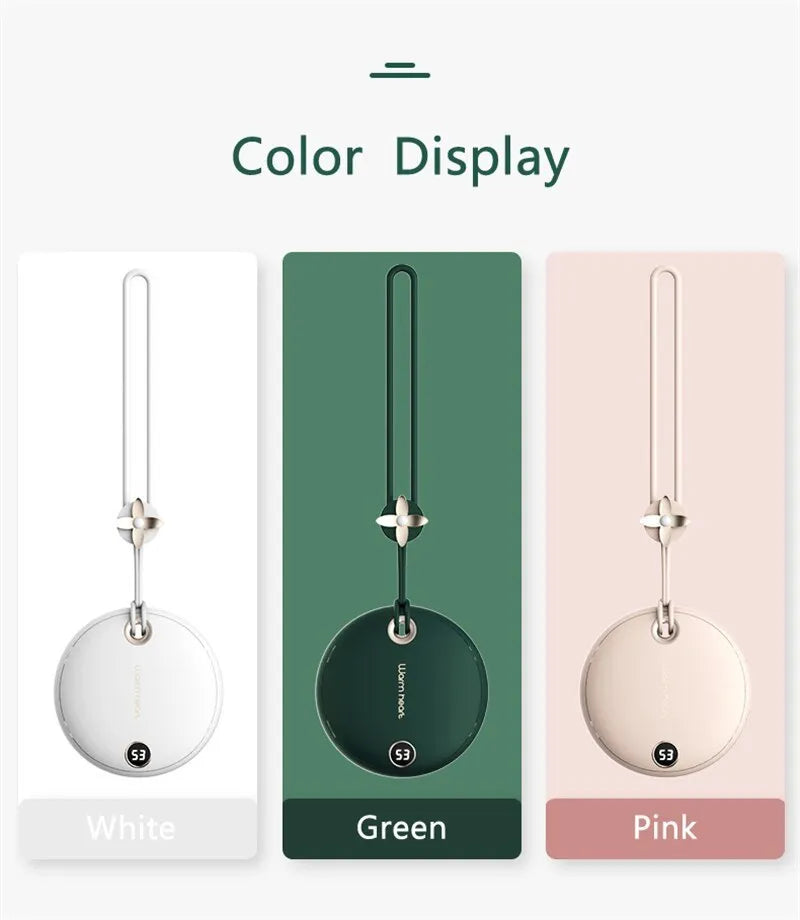 Green portable hand warmer power bank with digital display showing 5000mAh capacity