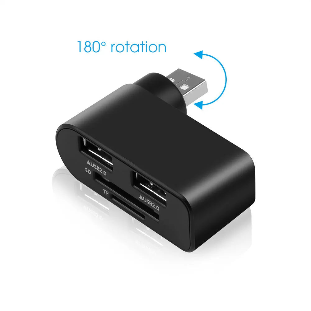 Rotating USB 2.0 hub with three ports and multi-format card reader in black ABS plastic