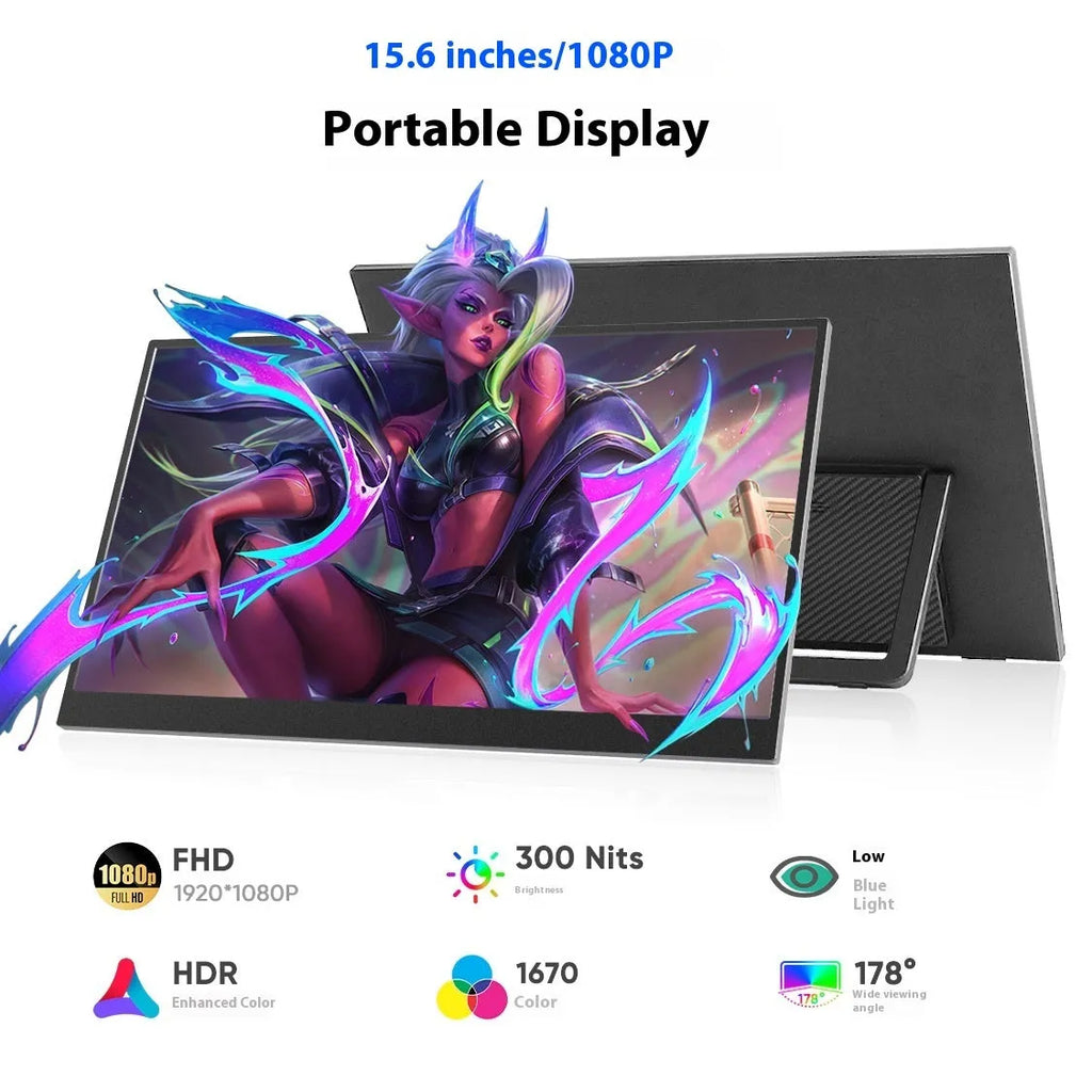 Black 15.6-inch portable computer monitor with adjustable stand on desk
