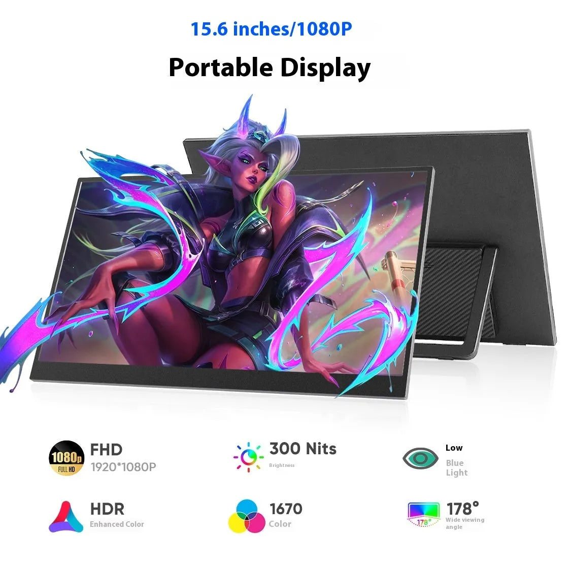 Black 15.6-inch portable computer monitor with adjustable stand on desk