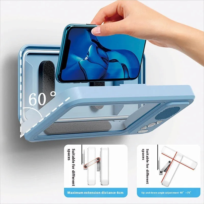 White bathroom waterproof mobile phone box bracket with charging cable and mechanical operation mode
