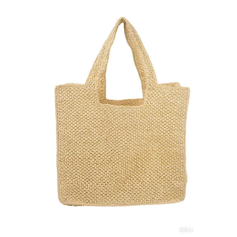 Natural straw woven bucket tote bag with double straps and zipper compartment