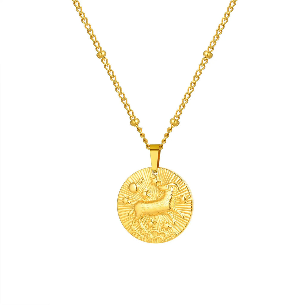 Stainless steel zodiac constellation necklace with round pendant showing embossed star signs on cross chain