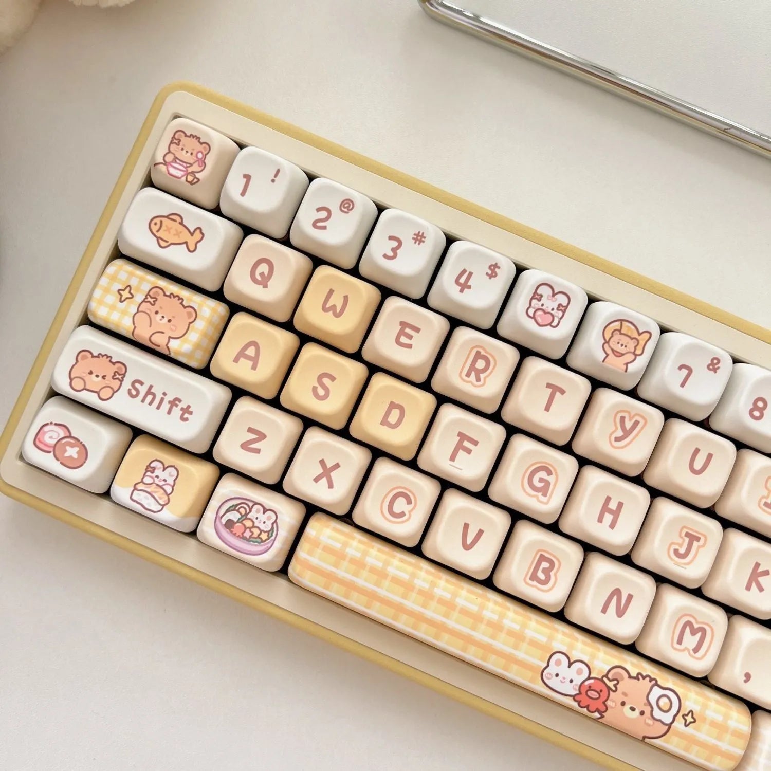 Rabbit Bear Restaurant themed PBT keycap set with EOA height profile, showing 140 colourful keycaps with sublimated designs.