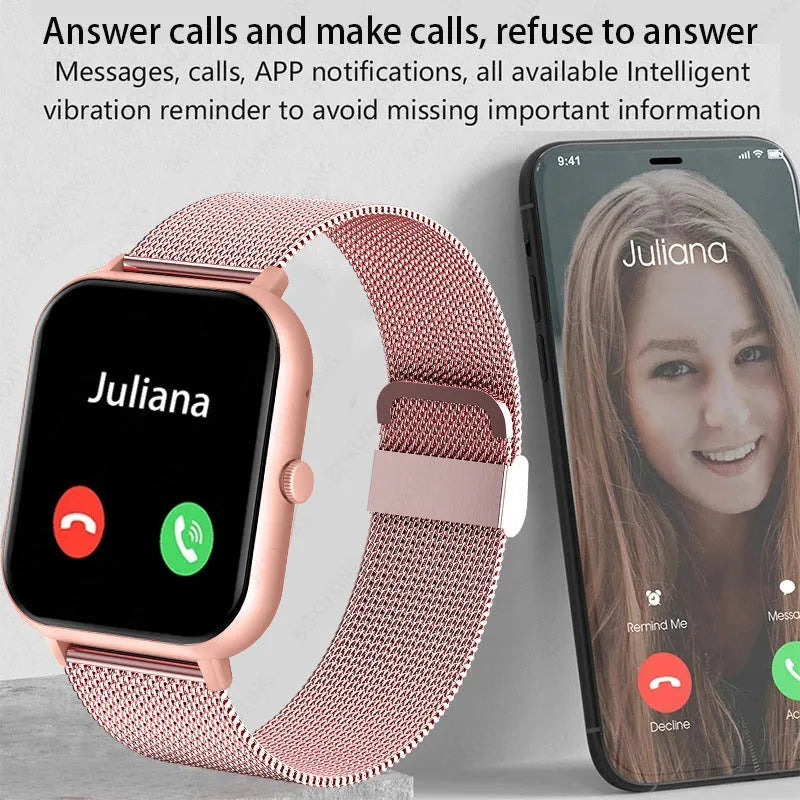 Smart watch with AMOLED screen, AI voice assistant, Bluetooth calling, heart rate and blood oxygen monitoring, available in pink, silver and black.