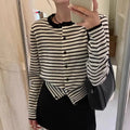 Dark gray and white striped women's cardigan coat with long sleeves and a slim fit.