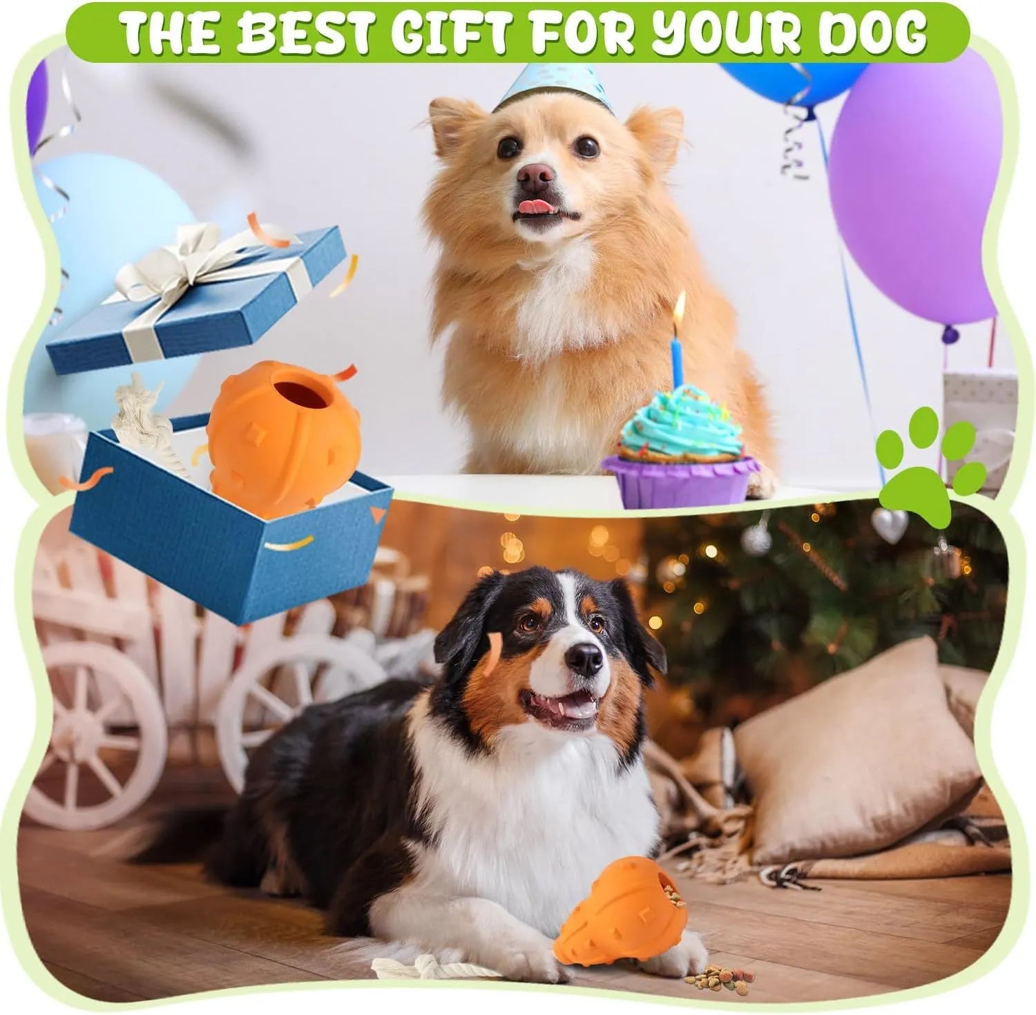 Natural rubber stuffable dog chew toy with a long strap for fetching and treat dispensing.