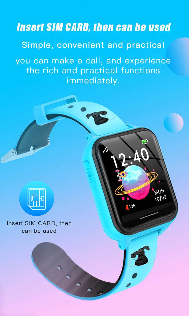 Children's telephone watch with touch screen, 1.54 inch IPS display, silicone strap in pink, blue, and black