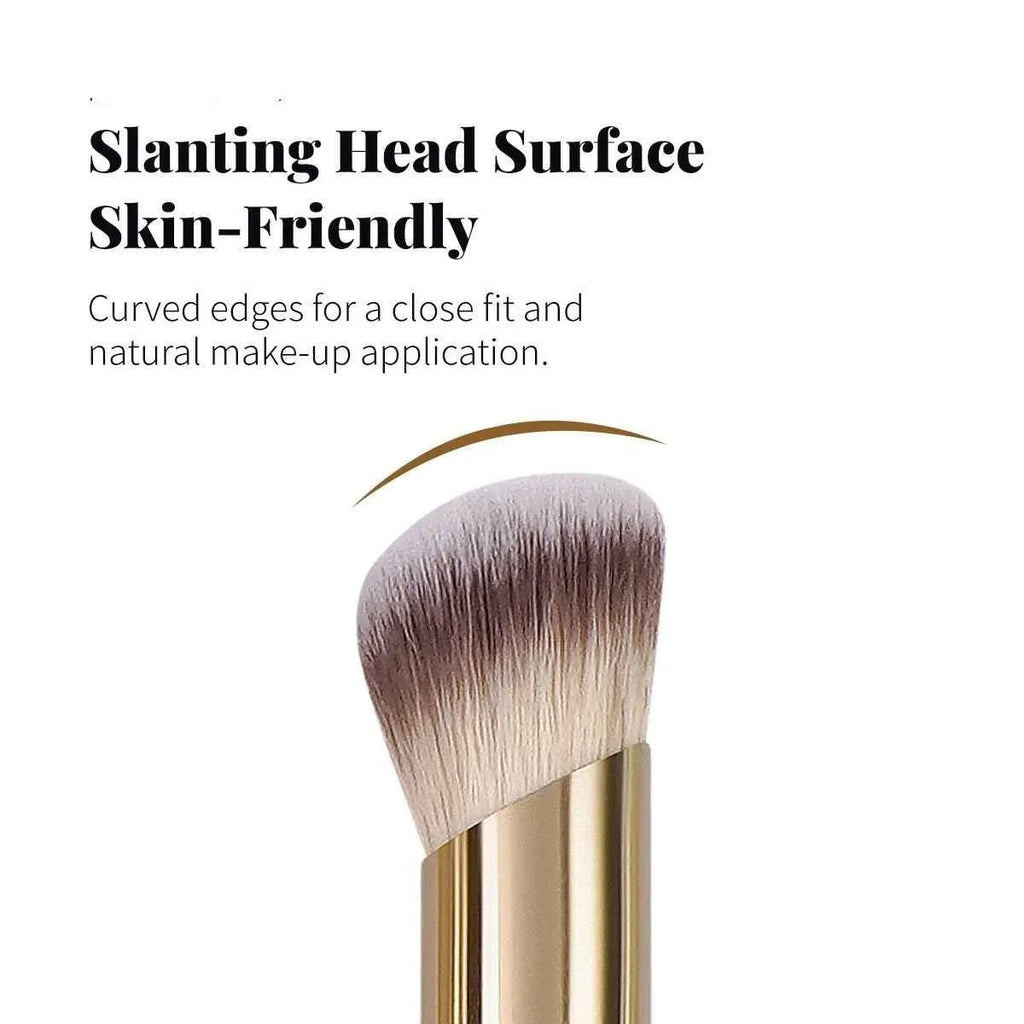 MAANGE apricot-coloured angled blush brush and four other makeup brushes on a table.