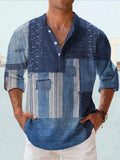 A lilac thin striped long sleeve shirt with a digital bamboo linen pattern, shown in a cardigan style.