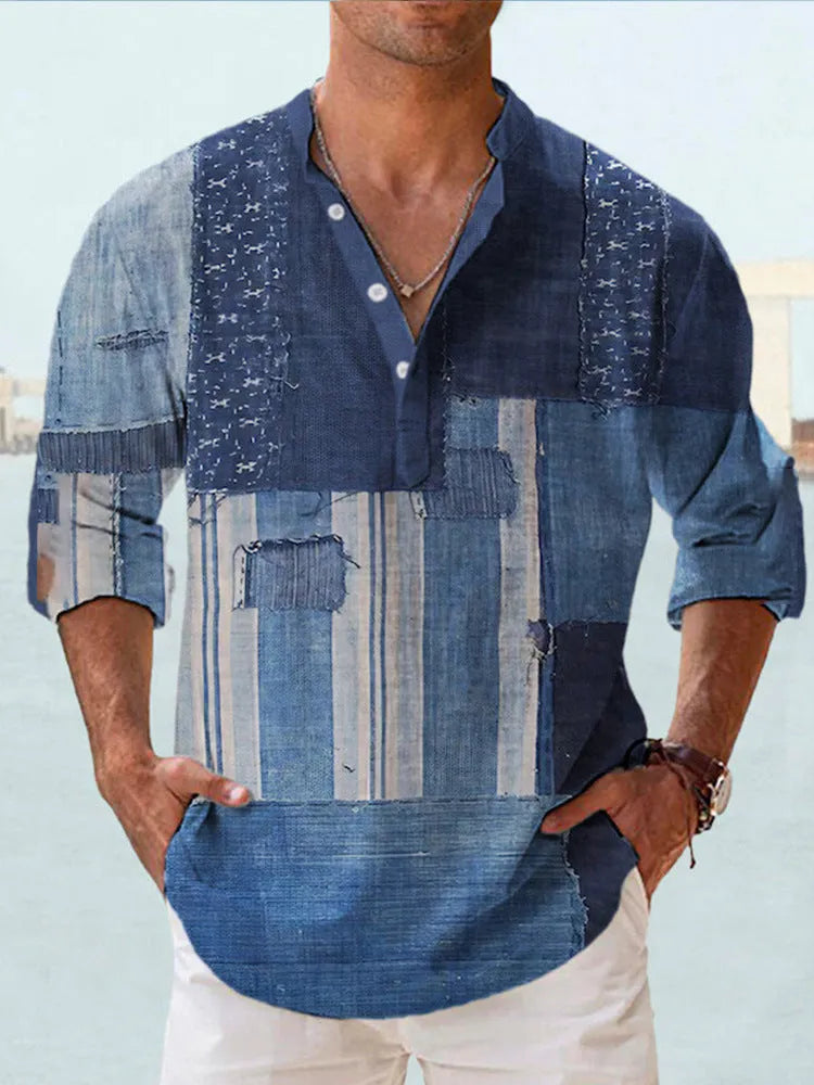A lilac thin striped long sleeve shirt with a digital bamboo linen pattern, shown in a cardigan style.