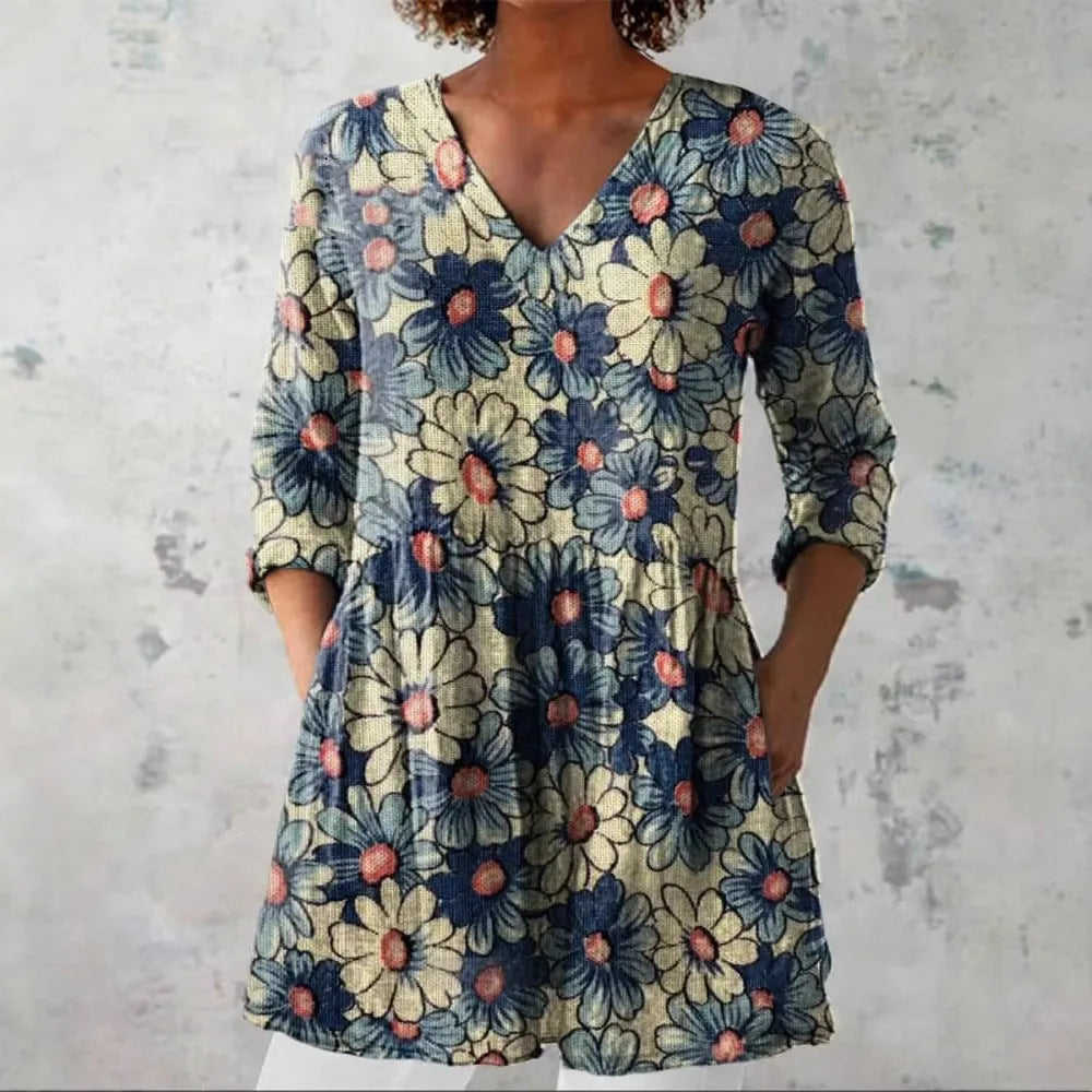 Women's retro-style slim fit long-sleeved top with a printed pattern, shown in a selected colour.
