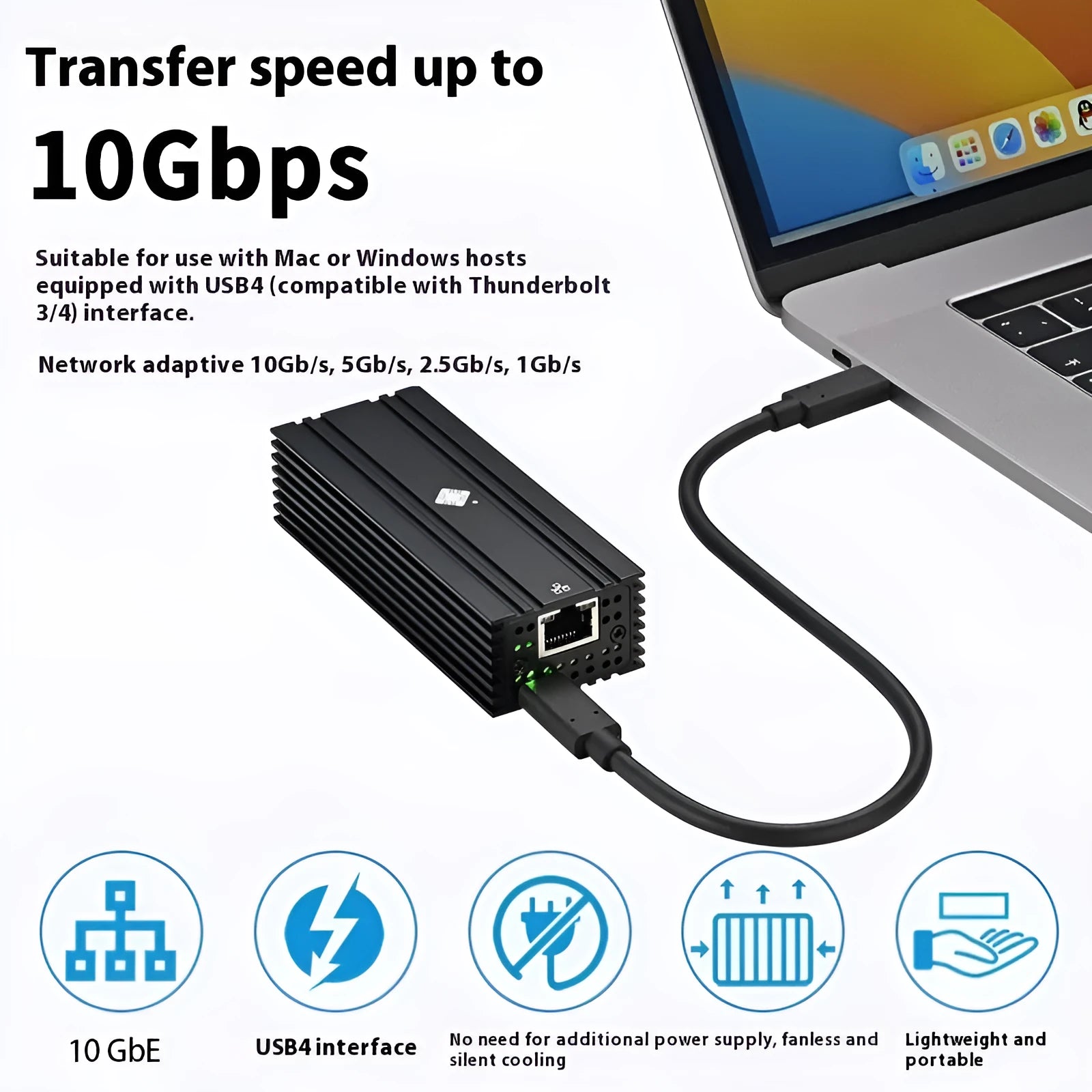 Black USB4 to 10 Gigabit RJ45 Ethernet network adapter with a 20cm cable