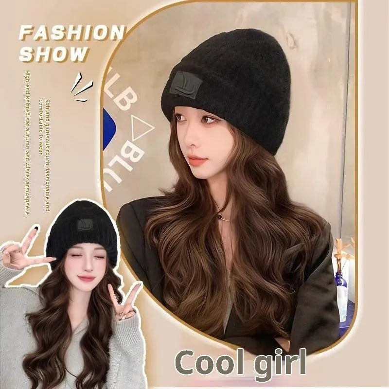 Hat wig for women with big wave curls in brown black colour, protein filament hair on mannequin