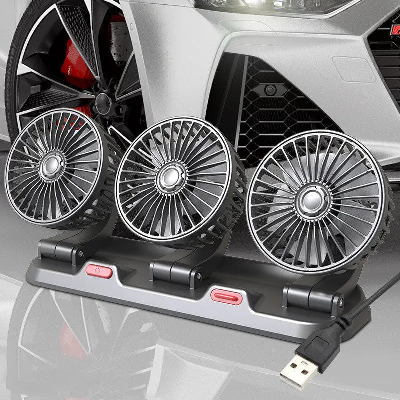 Three-head automotive electric cooling fan with extended cable for car interior use