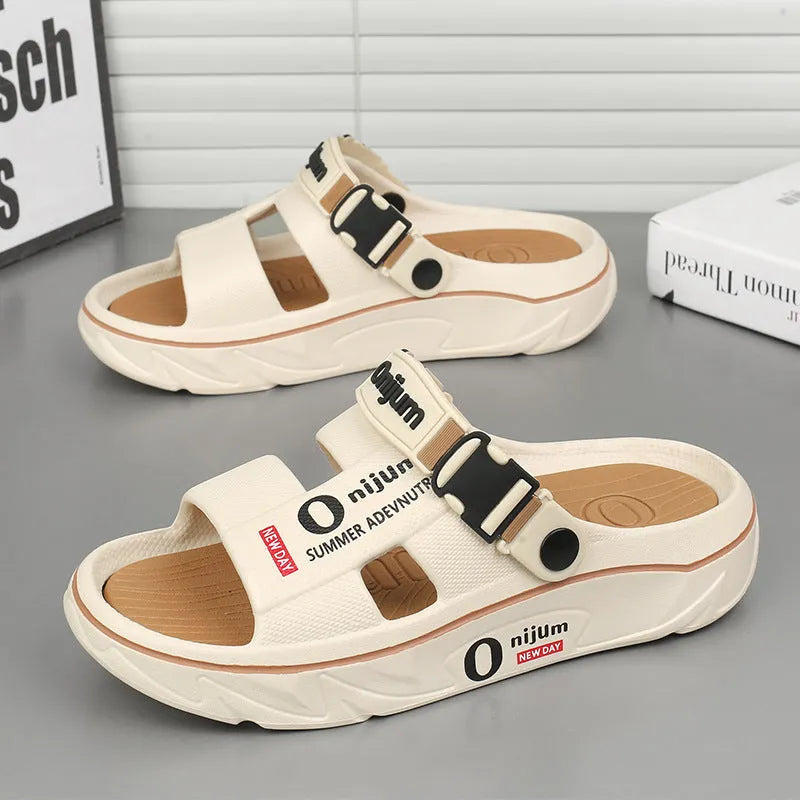 Platform men's sandals with EVA upper and raised sole in black orange colour, side view