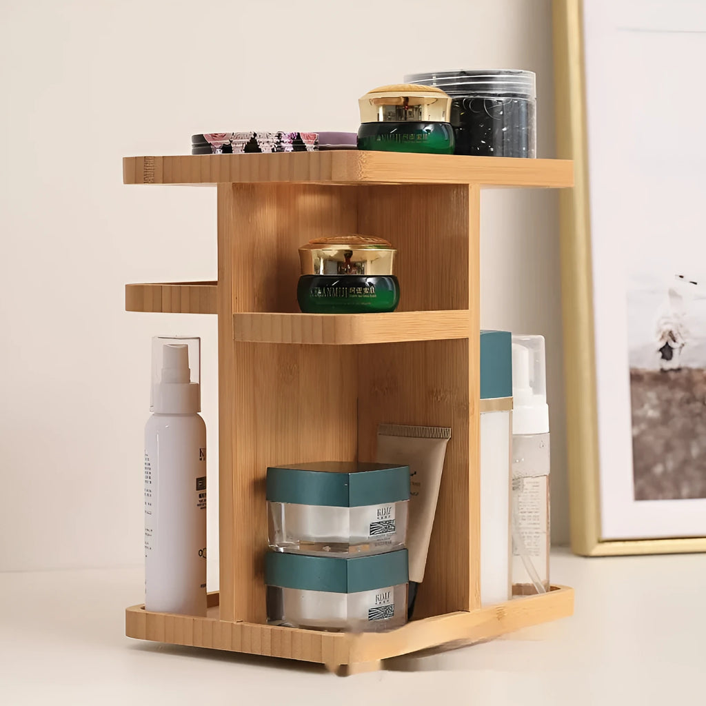 Bamboo multi-layer rotating storage rack with grid shelves in solid colour