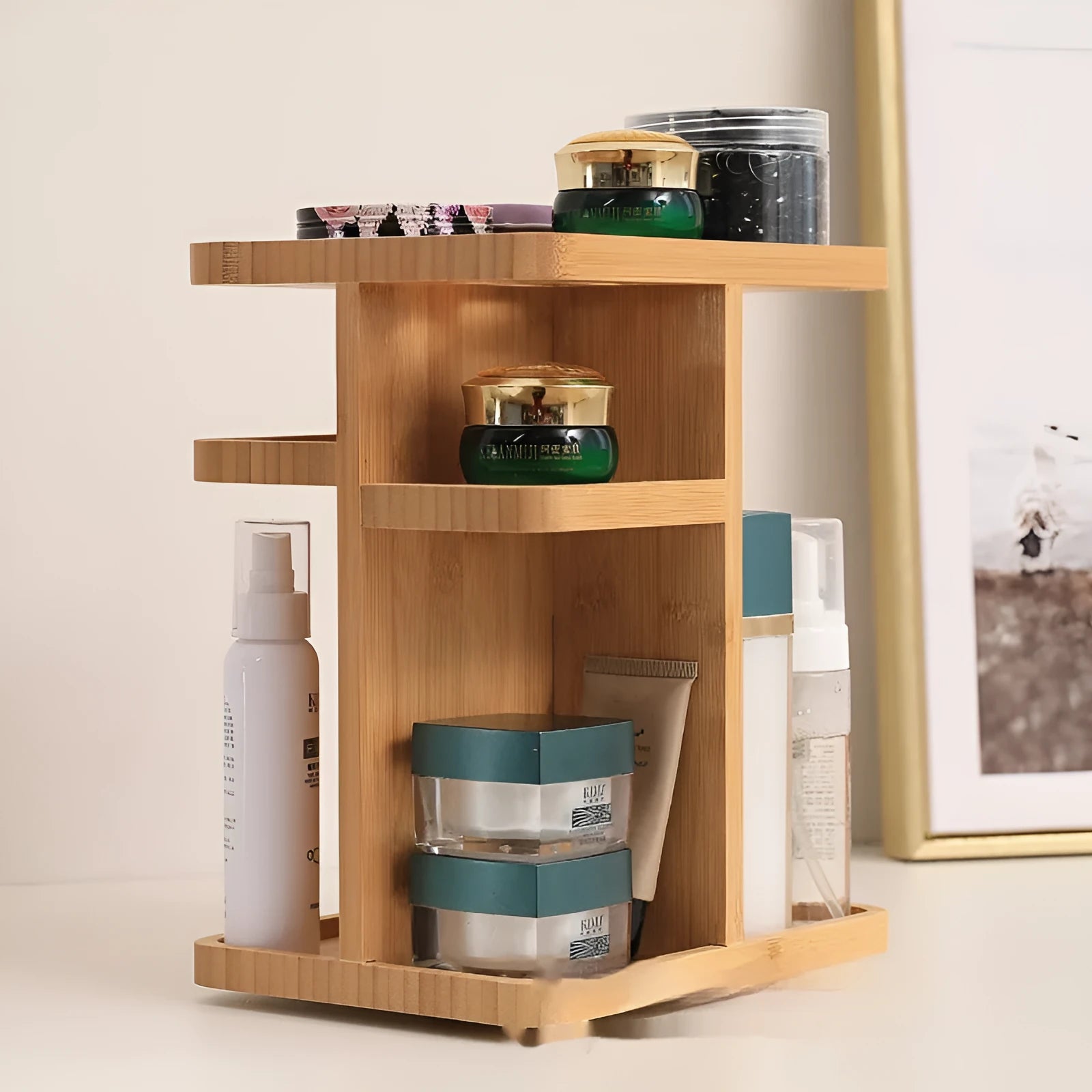 Bamboo multi-layer rotating storage rack with grid shelves in solid colour