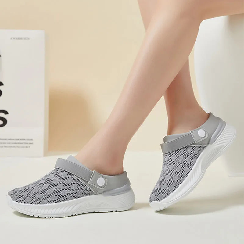 Women's mesh sandals with round toe and open back, available in multiple colours for summer casual wear
