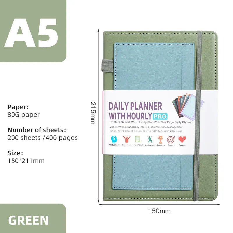 A5 notebook with PU leather cover in various colours, shown open to reveal blank pages and planning stickers.