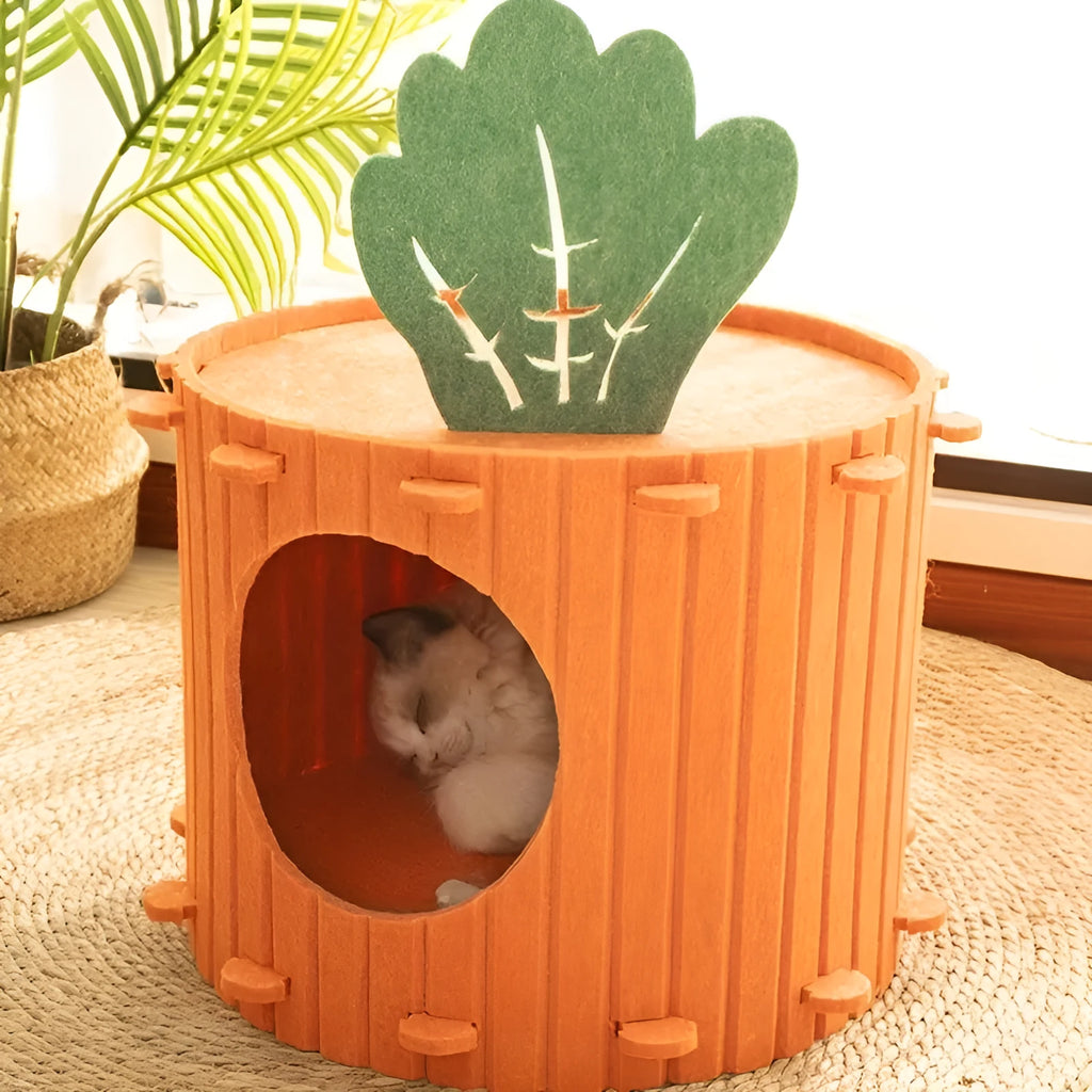 Grey felt semi-enclosed cat tunnel and nest bed for indoor cats, shown in medium and large sizes.