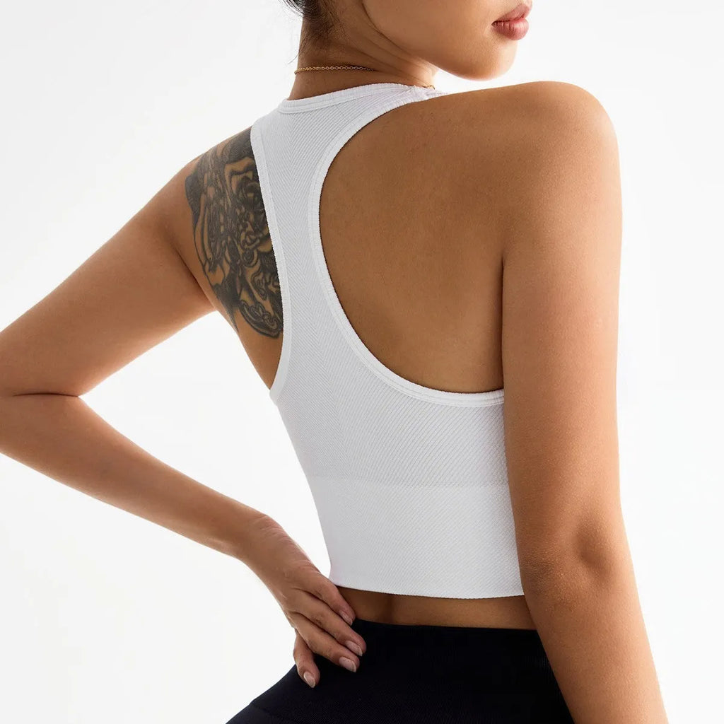 Black cross-back sports bra with quick-dry nylon fabric for running and yoga support