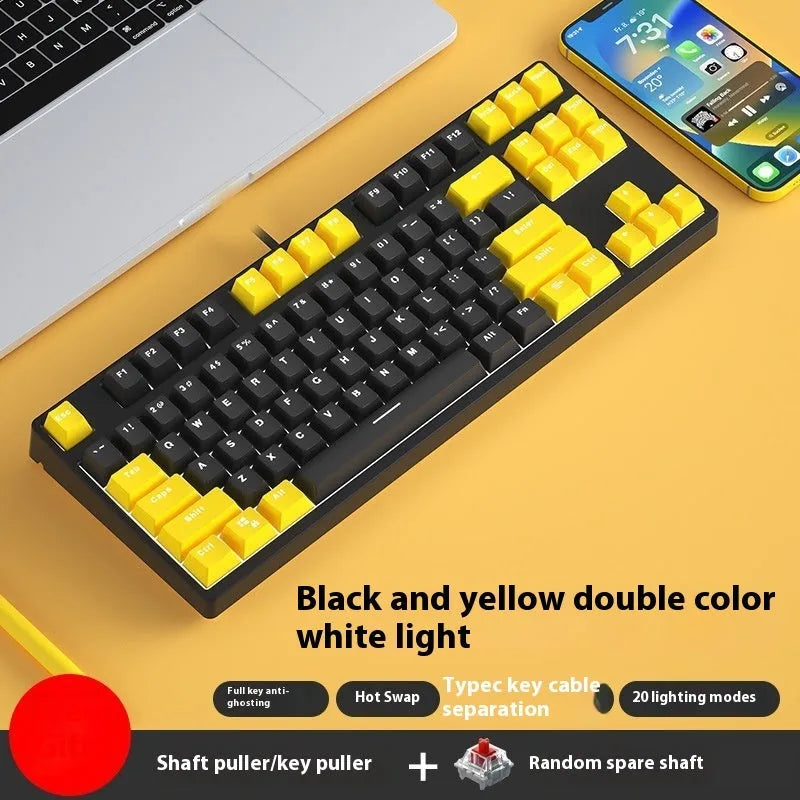 87-key wired mechanical gaming keyboard with hot-swappable switches in dual-colour keycap configuration