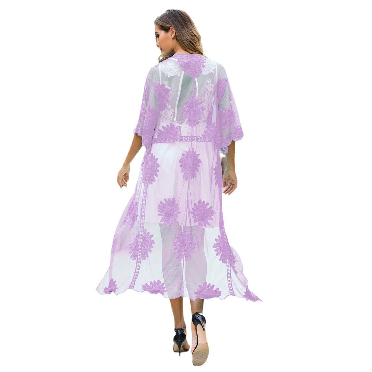 Light purple beach cover-up cardigan for women, free size, suitable for swimming and beachwear.