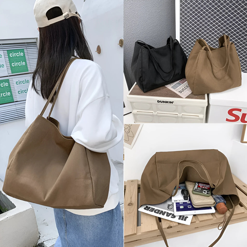 Women's solid colour canvas shopping bag with double shoulder straps and internal mobile phone pocket