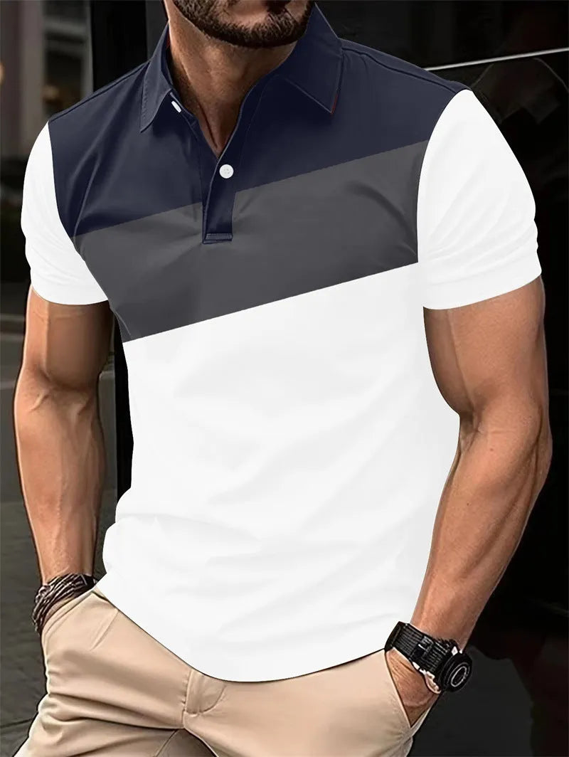 Men's loose grey t-shirt with a colourful 3D digital abstract print on the front.