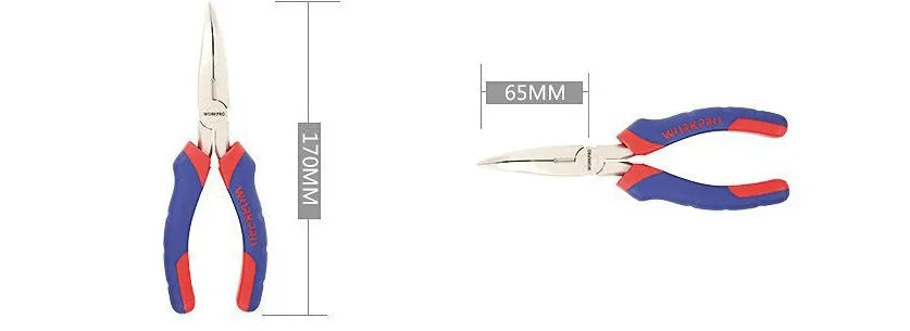 Blue curved nose pliers with double-colour sleeve handles for electrical and automotive work
