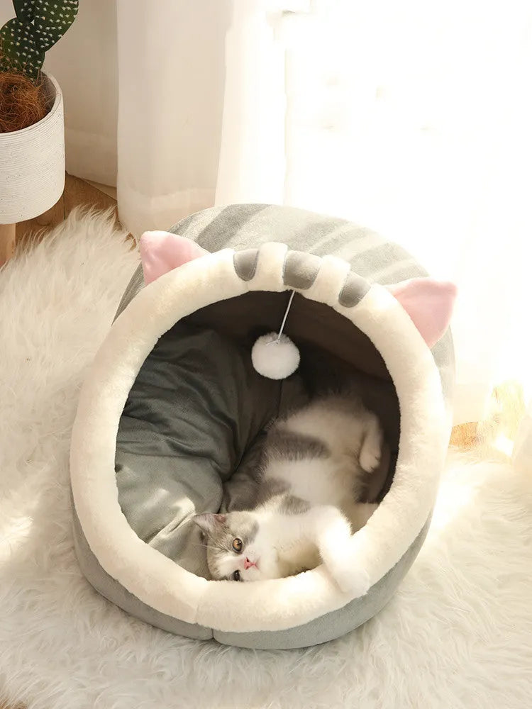 Semi-enclosed cat nest in polar fleece, 48x45x37cm large size, green colour, with mat cushions