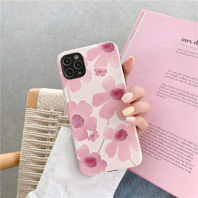 Pink flower pattern soft rubber iPhone case with lanyard hole