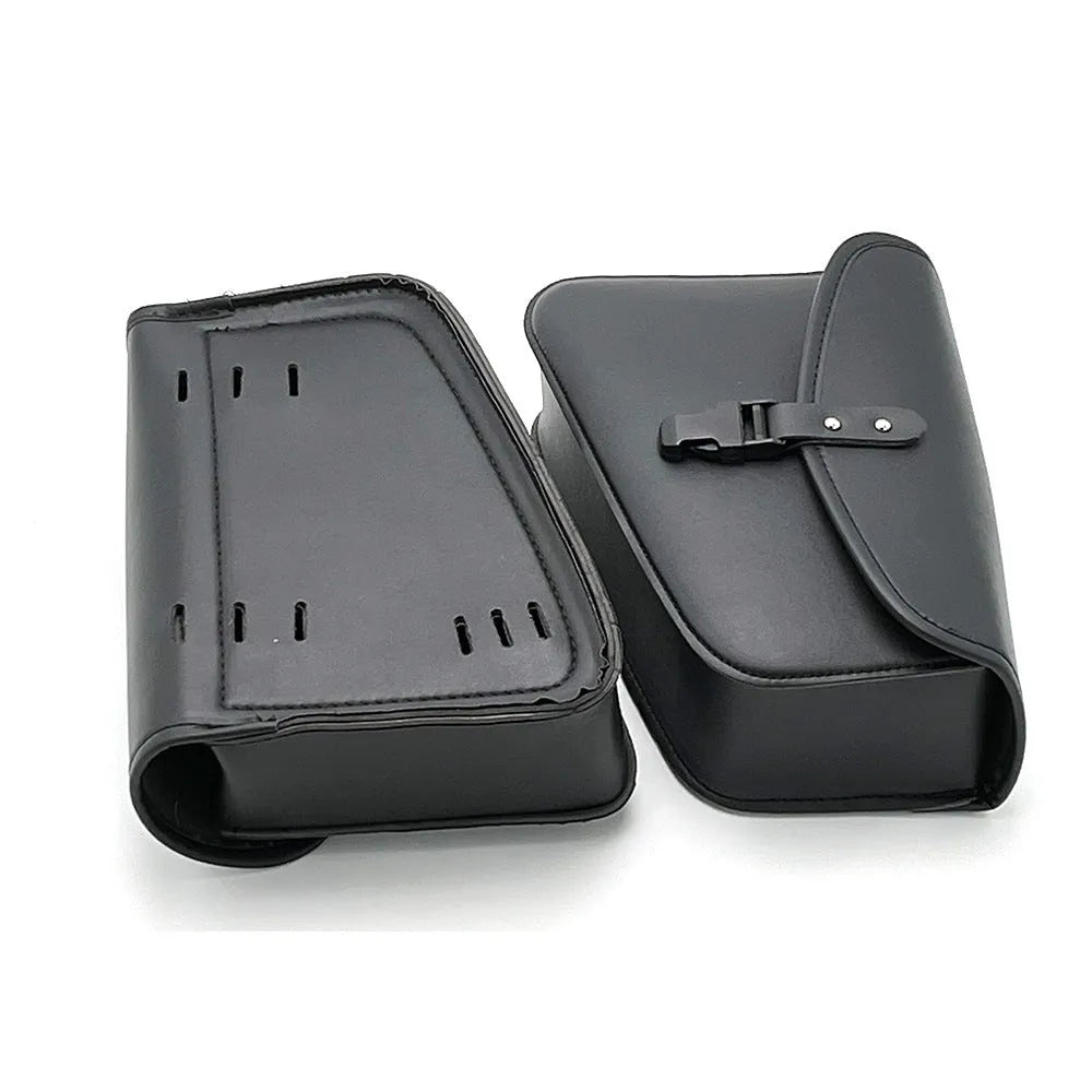 Black PU leather motorcycle swingarm bag mounted on a Harley Sportster side.