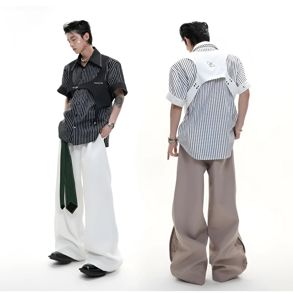 Men's striped cotton shirt with double collar design in black and white patterns, short sleeves with single-breasted fastening