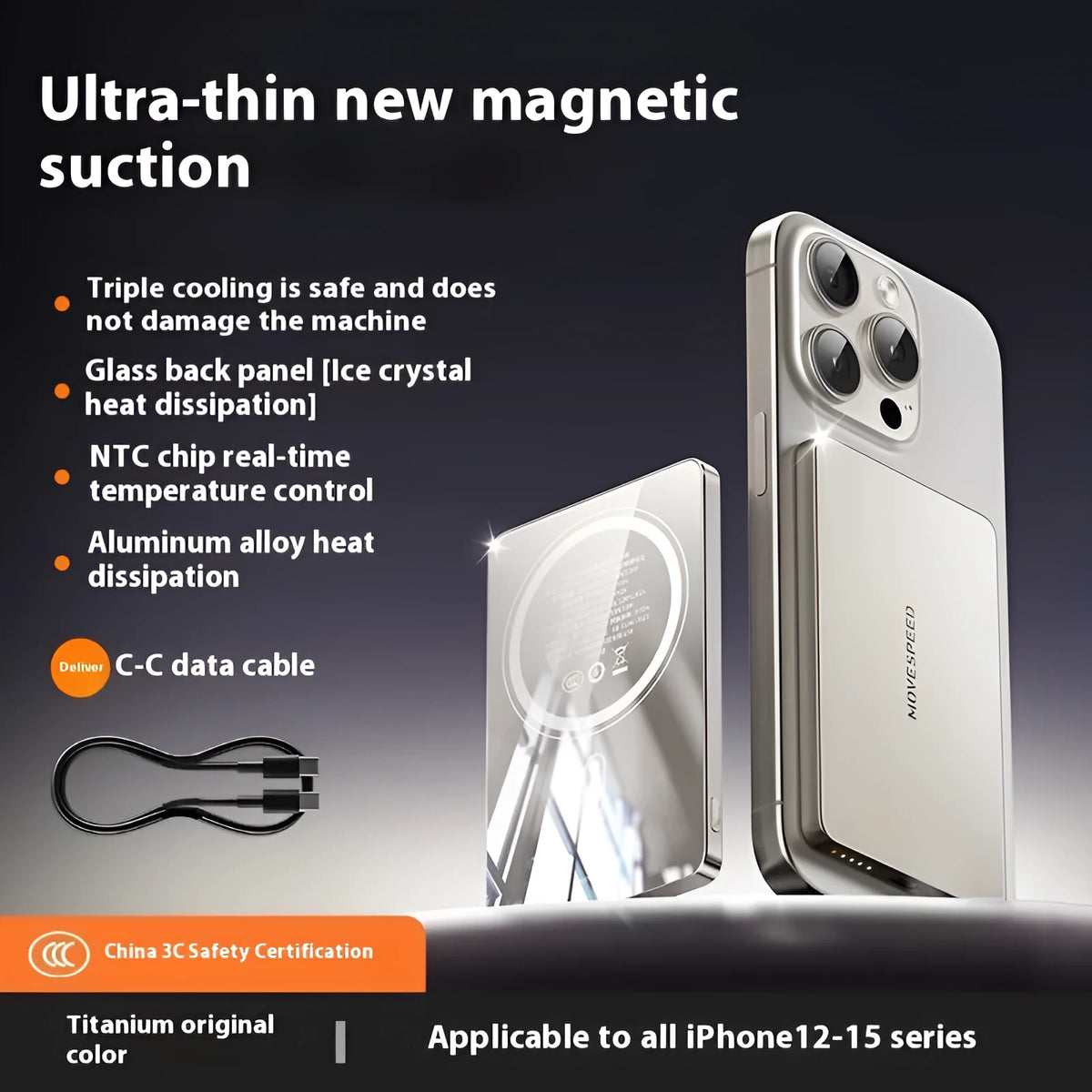 Magnetic wireless power bank 5000mAh in Space Gray, 8.9 x 66.1 x 102.5mm, with USB-C and 15W wireless charging