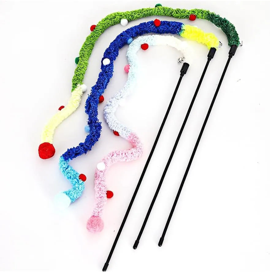 Blue interactive cat wand toy with long plush strip and fluffy bell ball on a pole.