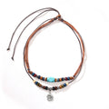 Turquoise wooden bead necklace for men with alloy geometric flower pendant on wax rope chain