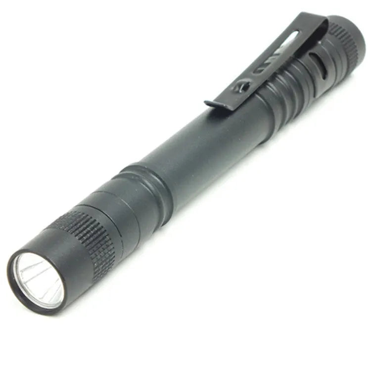 Black compact LED flashlight with an AA battery, beam range 50-100m for daily carry and emergencies.