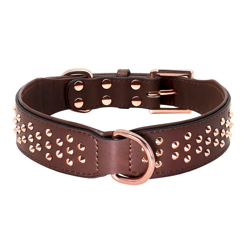 Leather dog collar with anti-bite rivets and a metal D-ring in black colour