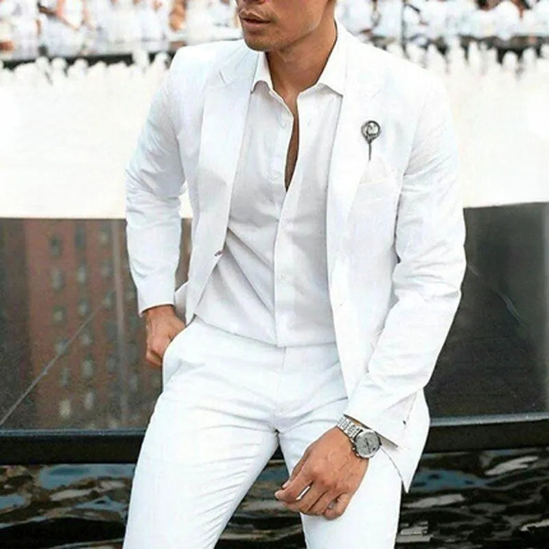 White slim fit men's two-piece suit for wedding groomsmen and spring formal events