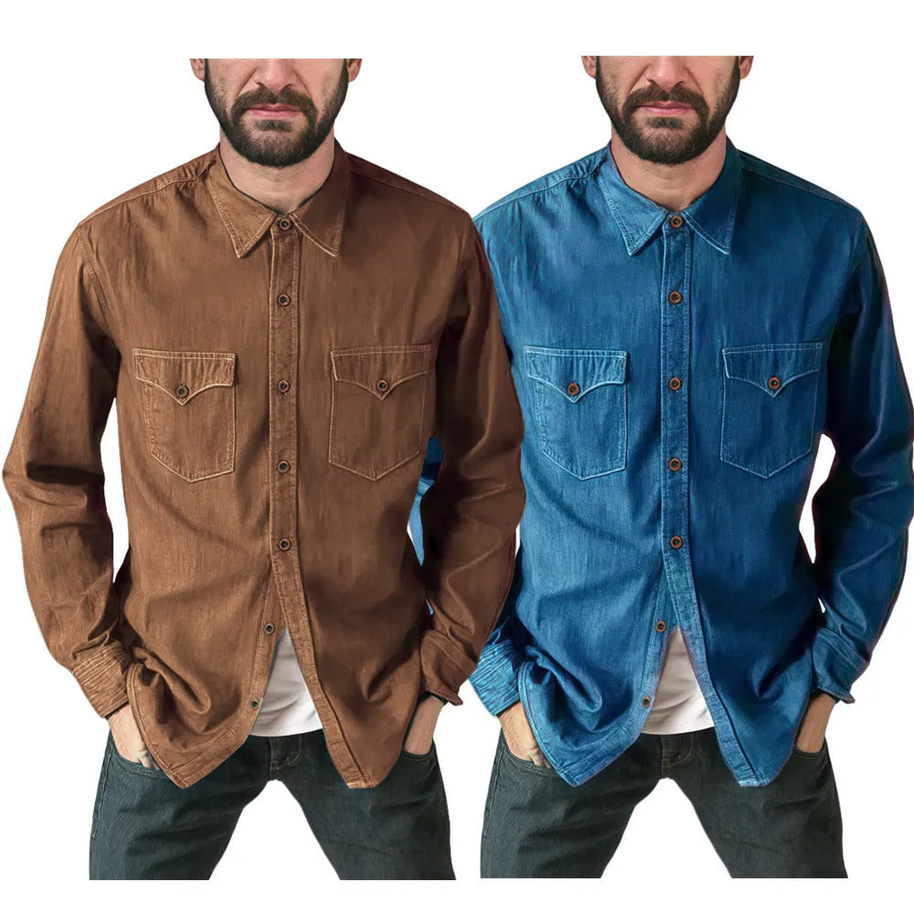 Men's cotton denim cardigan coat jacket in khaki, shown in a regular fit.