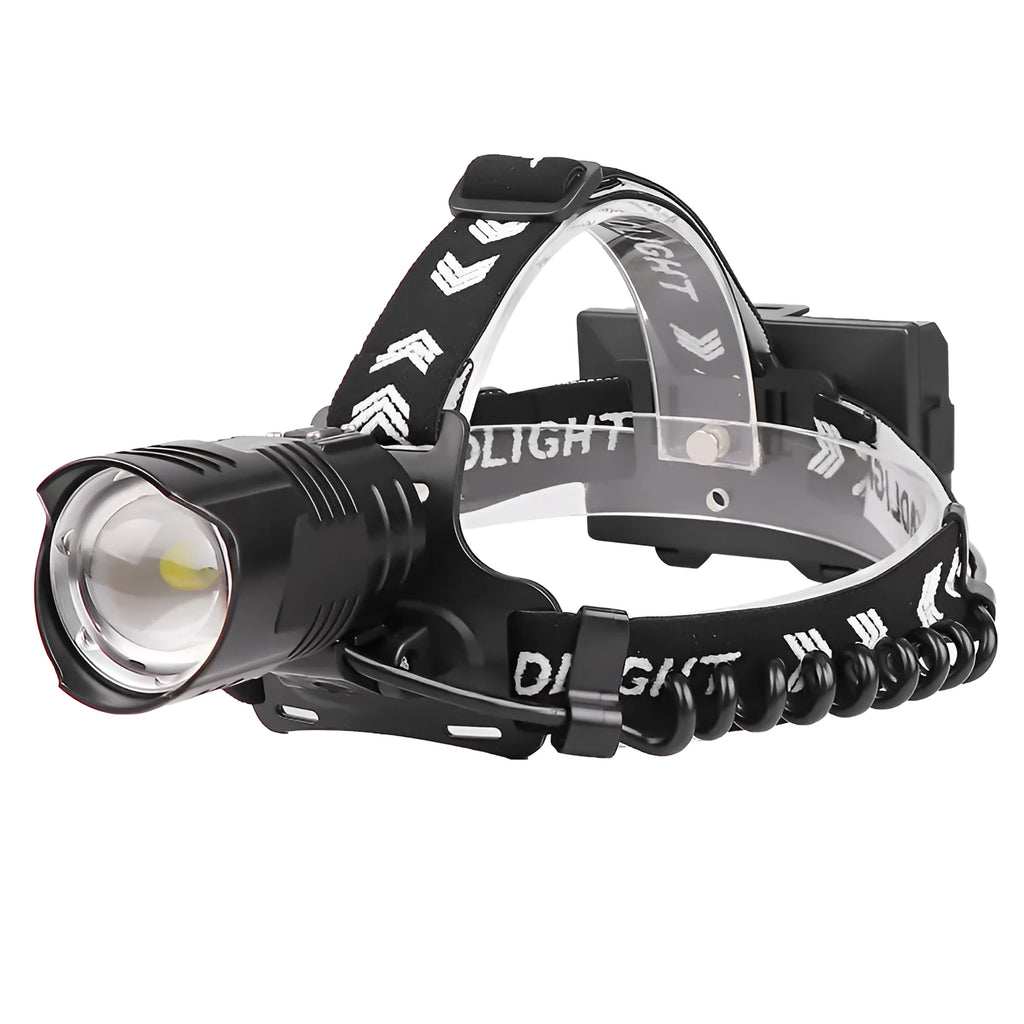Black USB rechargeable zoom headlight with telescopic lens and aluminium alloy body