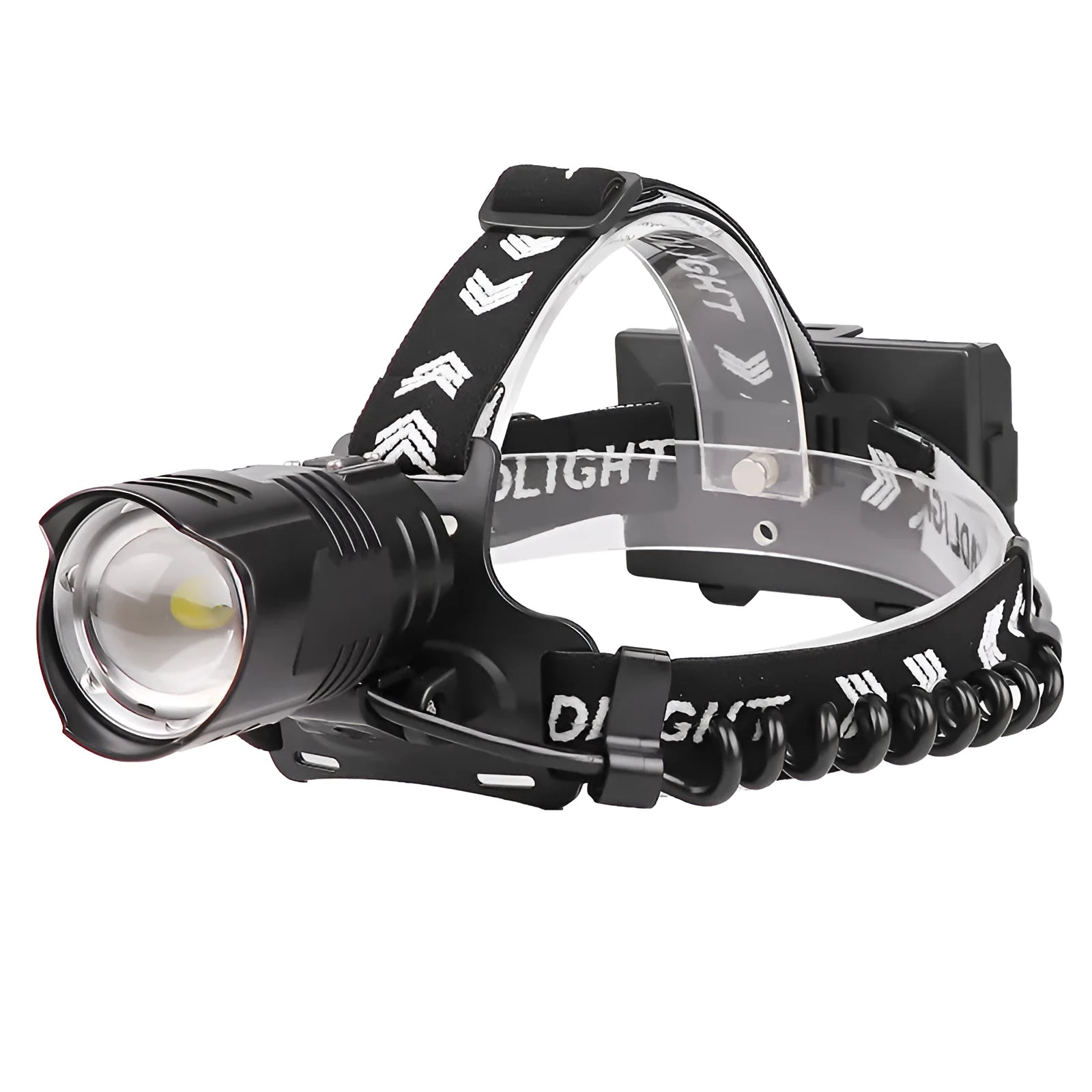 Black USB rechargeable zoom headlight with telescopic lens and aluminium alloy body