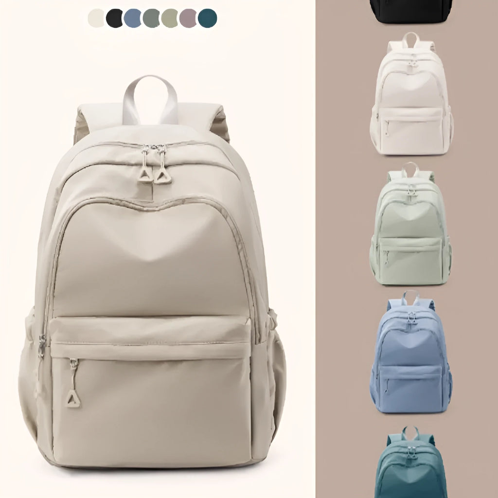 Off-white canvas high school student backpack with dimensions 45cm height, 33cm width, 17cm thickness